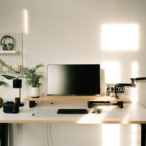 Clean minimalist office workspace with a plant